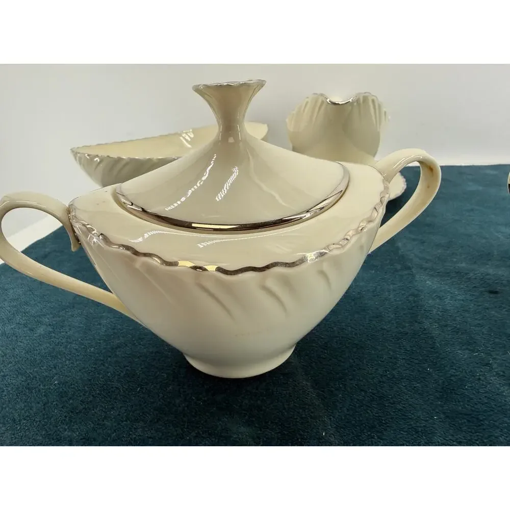 Weatherly Lenox D517 Cream Sugar Gravy Boat Vegetable Bowl Silver Trim Vintage